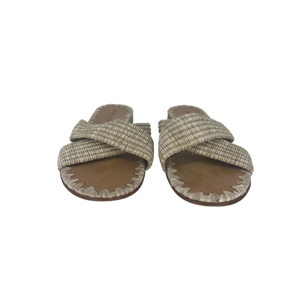 Jenni Kayne Raffia Crossover Sandals Tan Cream Woven Flat Slides Size 38